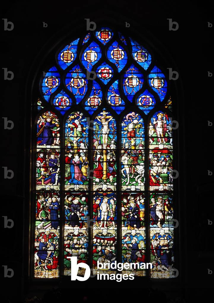 Parroissial enclosure, Church, stained glass 1539, Between triumphale Jerusalem and the arrest of Jesus, La Roche Maurice, Finistre, France (photo)