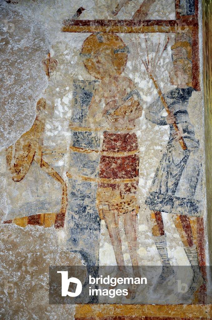 Romanesque art: View of the frescoes of the church of Saint Eloi in Chalivoy-Milon (Chalivoy Milon), Cher, Centre, France. The flogging of Christ Photography