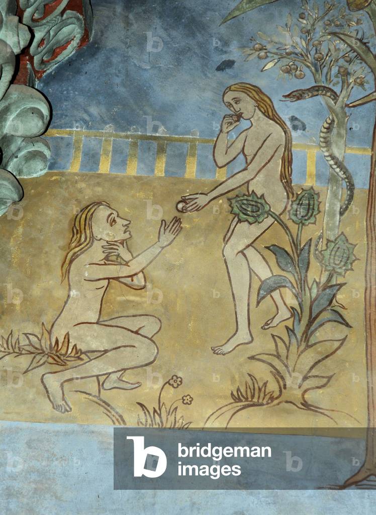 Adam and Eve Frescoes of the late 13th century Chevet of the Church of St. Lawrence, Panjas, Gers