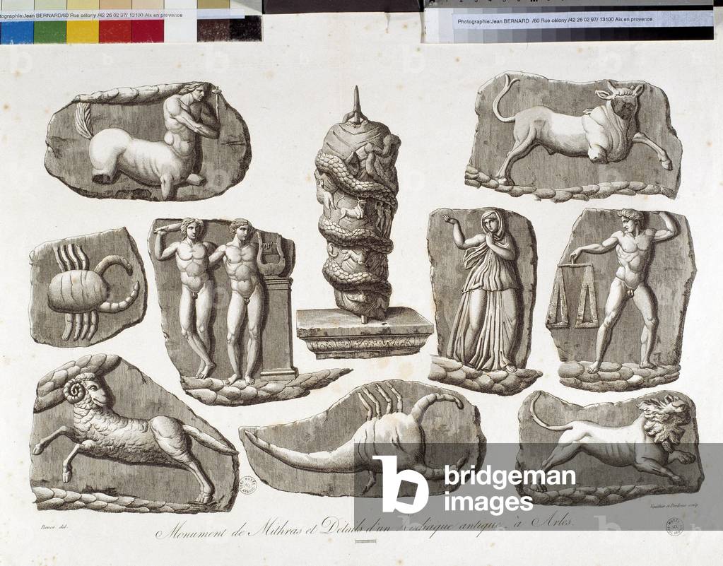 Monuments of the Mithras and the ancient Zodiac of Arles. 19th century lithography, Musee Arbaud, Aix en Provence.