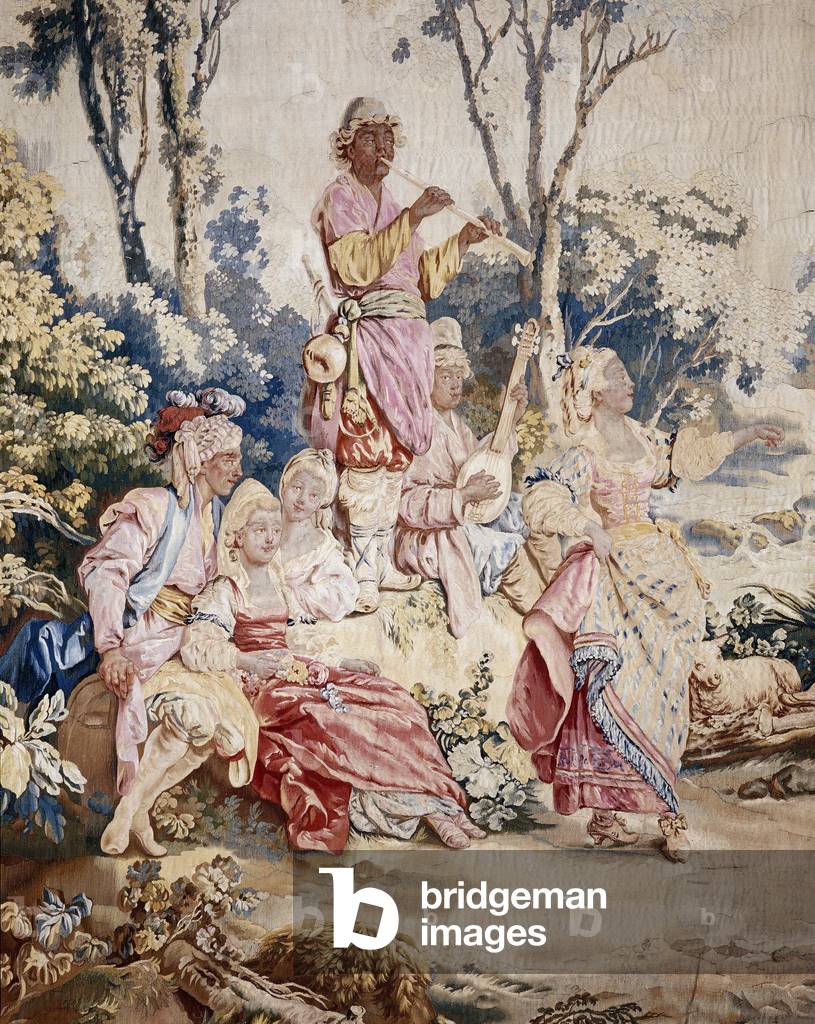 The outdoor banquet, curtain Russian games, detail of the tent and characters, 18th century (tapestry)