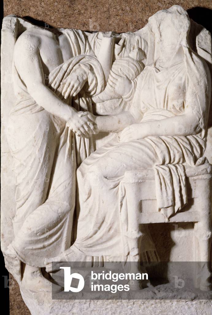 Ancient Greece: stele of farewell. Marble sculpture. Mediterranean Archeology Museum, Marseille