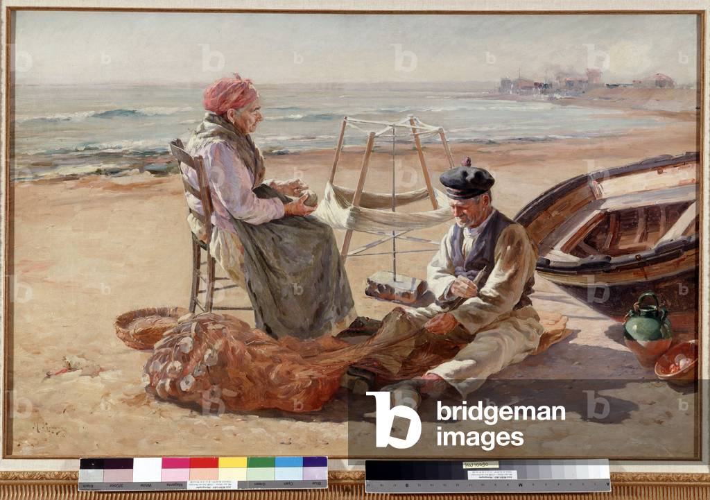 Remailling fishing nets on a beach in the Mediterranean Painting by Francois Reynaud (20th century). 1904 Dim. 65x100 cm Mandatory mention: Collection foundation regards of Provence, Marseille