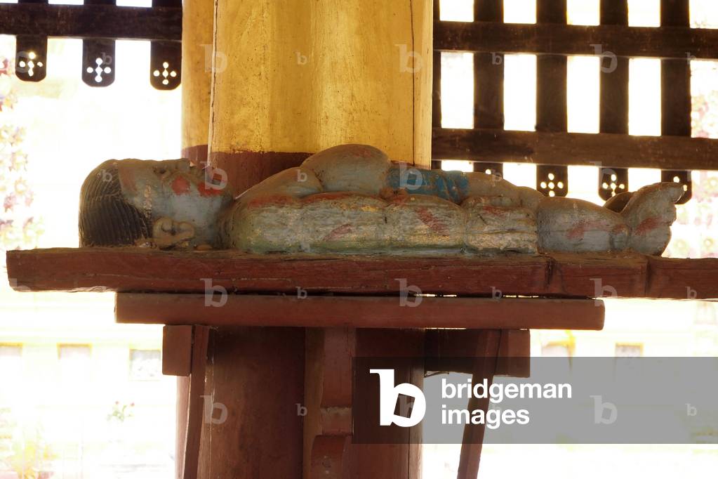 Myanmar - Burma: Bagan City, Shwe Zigon Zedi Pagoda, begins in 1059 completed in 1102. It houses a Buddha tooth. Sculpture repenting death