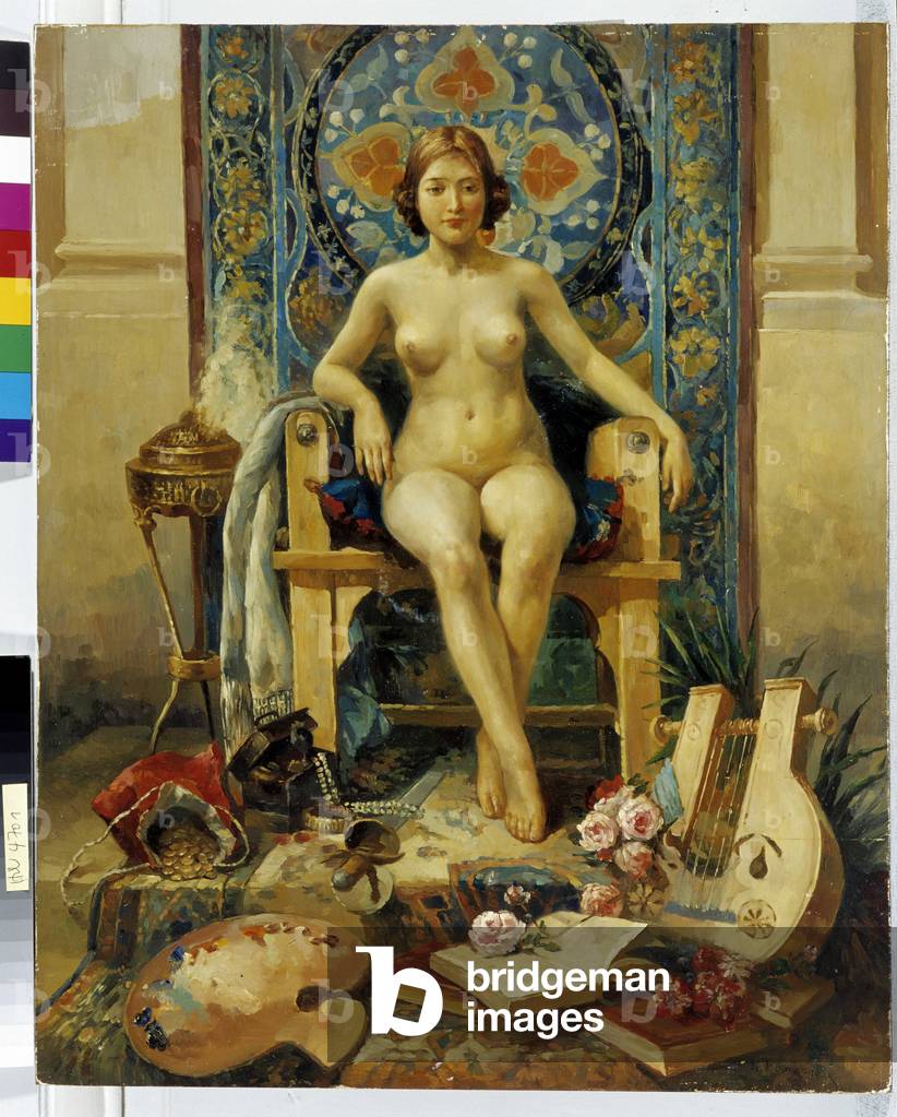 The Muse of Arts and its attributes. painting by Hector Hanoteau (1823-1890). Collection P. Durmon, Mandatory mention: Collection fondation regards de Provence, Marseille