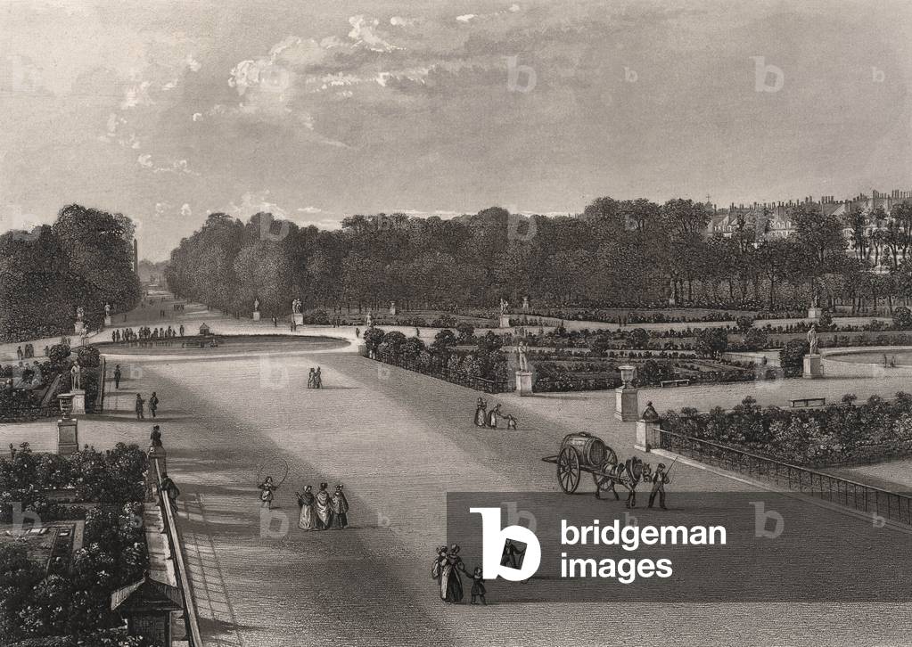 View of France: The Tuileries Garden in Paris - Engraving DE WEBERT, 19th century after the Daguerrian photographic excursions. In “” Most Remarkable Views and Monuments of the Universe””. Private collection