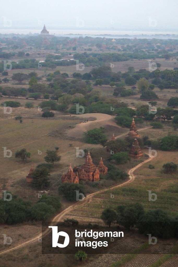 Myanmar - Burma: Bagan, Mandalay region. Flight over Bagan pagodas from the hot air balloon