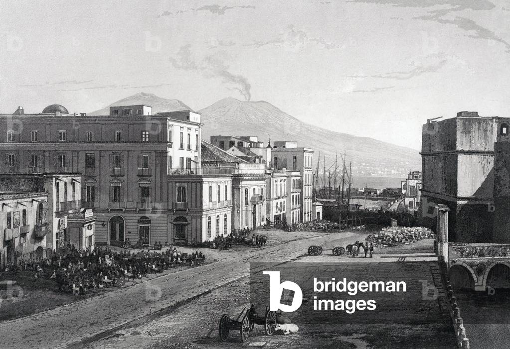 View of Italy: The Mole in Naples. Engraving by SALATHE, 19th century after the Daguerrian photographic excursions. In “” Most Remarkable Views and Monuments of the Universe””. Private collection