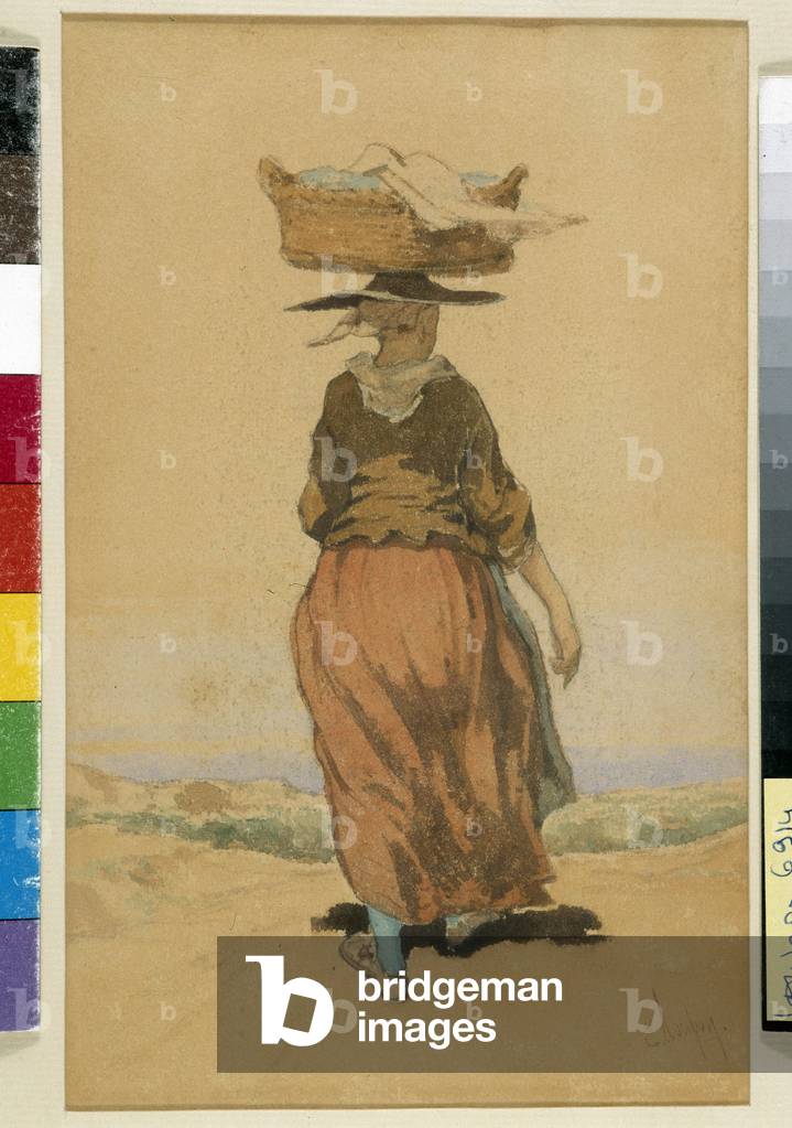 The local peasant carrying a basket on her head. Watercolour by Emile Loubon (1809-1863) Musee du Vieux Marseille, Marseille.