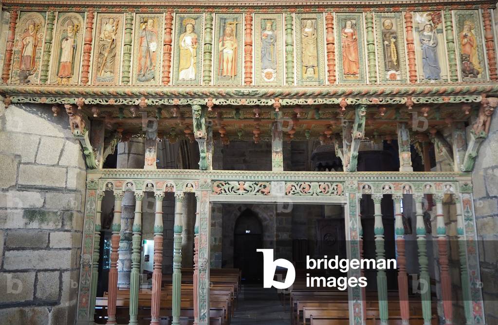 Parroissial enclosure, Church, polychrome jub, detail, Elorn valley, La Roche Maurice, Finister, France (photo)