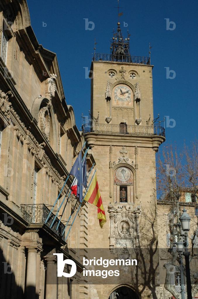 Architecture: view of the Belfry or Clock Tower dating from the 16th century, town hall square. Aix en Provence (Bouches du rhone)