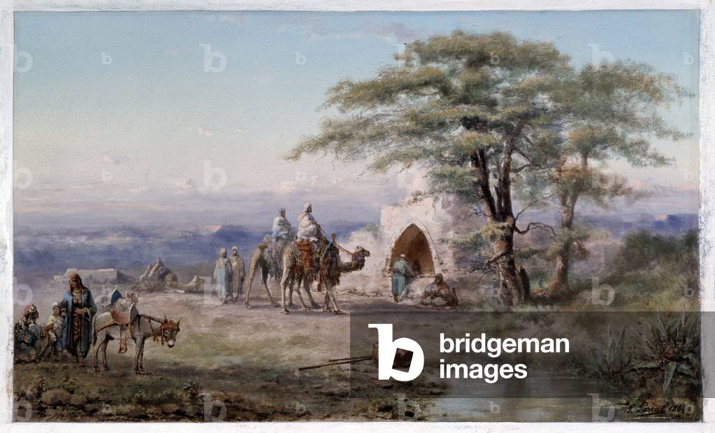 Chameliers on the banks of the well Painting a la gouache by Paul Pascal (1832-1903) 1887 Mandatory mention: Collection fondation regards de Provence, Marseille