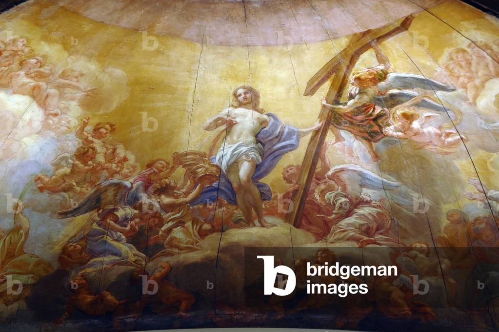 Modello (model) of the dome in mosaic for the atrium of the baptistere of St. Peter of Rome (approximately 1687) representing an Allegory of Baptema. Detail. Painting by Giovan Battista Gaulli dit il Baciccio (1639-1709), circa 1687. Rococo. Oil on wood. Dim: 56,8x135x107cm. Institute of Legal Studies, Aix en Provence.