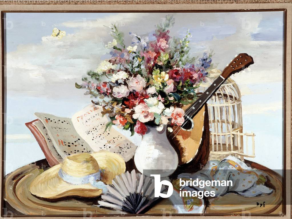 Vase of flowers, mandolins and straw hat (oil on canvas)