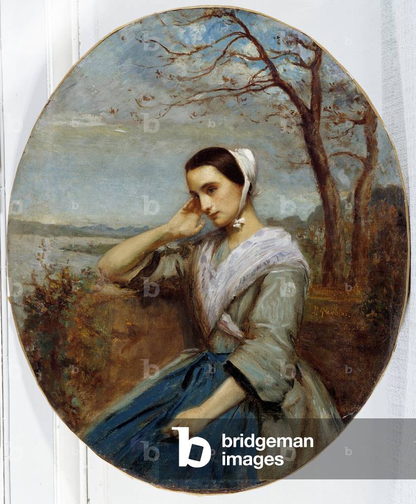 Portrait of young woman Pensive young woman in traditional Provencal costume. Painting by Pierre Grivolas (1823-1906) Mandatory mention: Collection foundation regards de Provence, Marseille