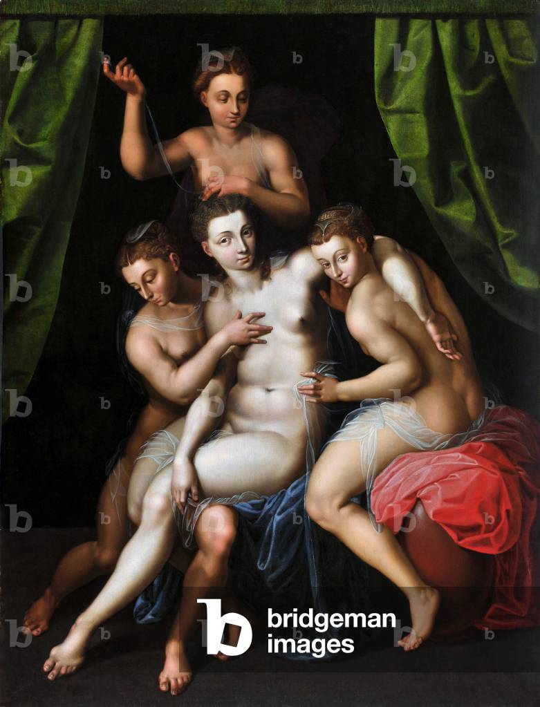 Venus' Toilette. Anonymes Gemälde der Schule von Fontainebleau. Abmessung: 130,7x100,5cm. Öl auf Holz. Musée G