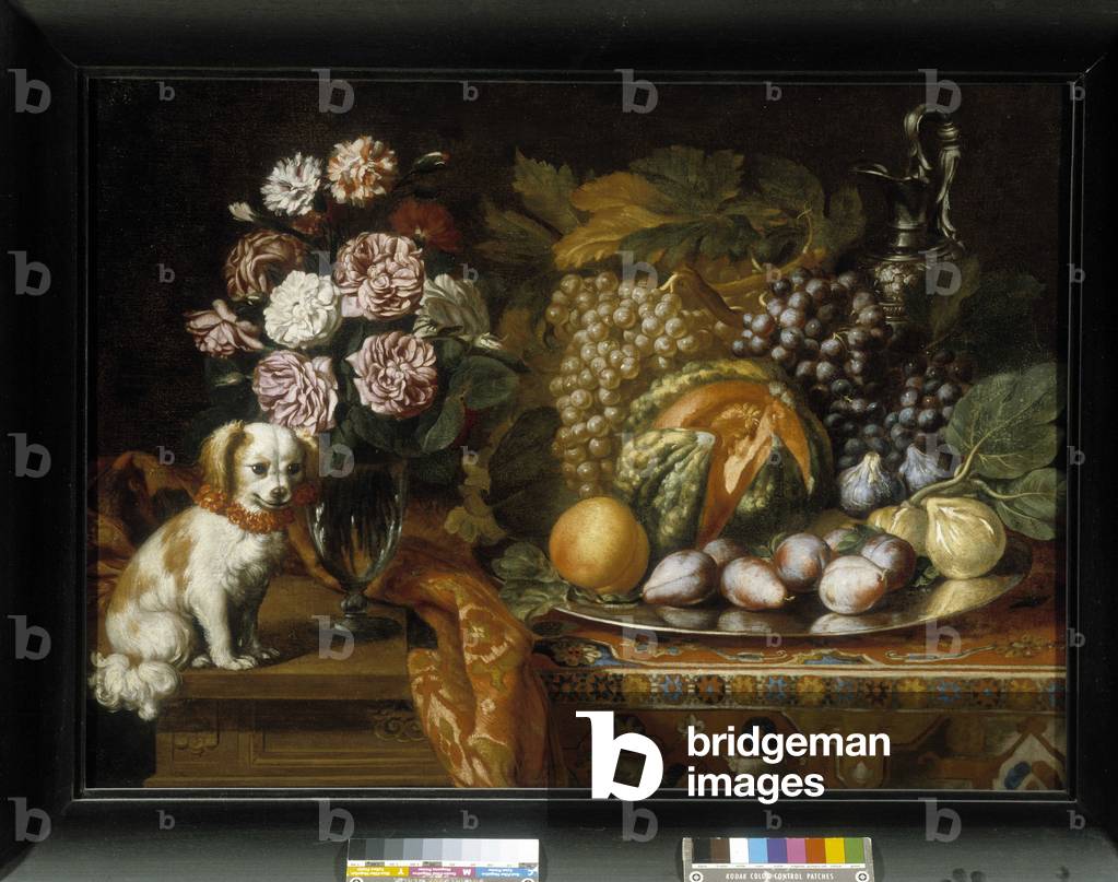 Still life with dwarf spaniel (oil on canvas)