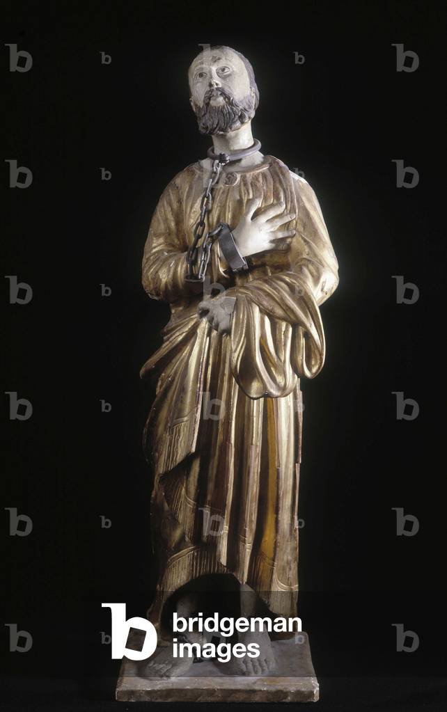 Scultura in legno raffigurante San Leonardo. Legno verniciato. Anonimo del XVII secolo. Museo Nazionale delle 