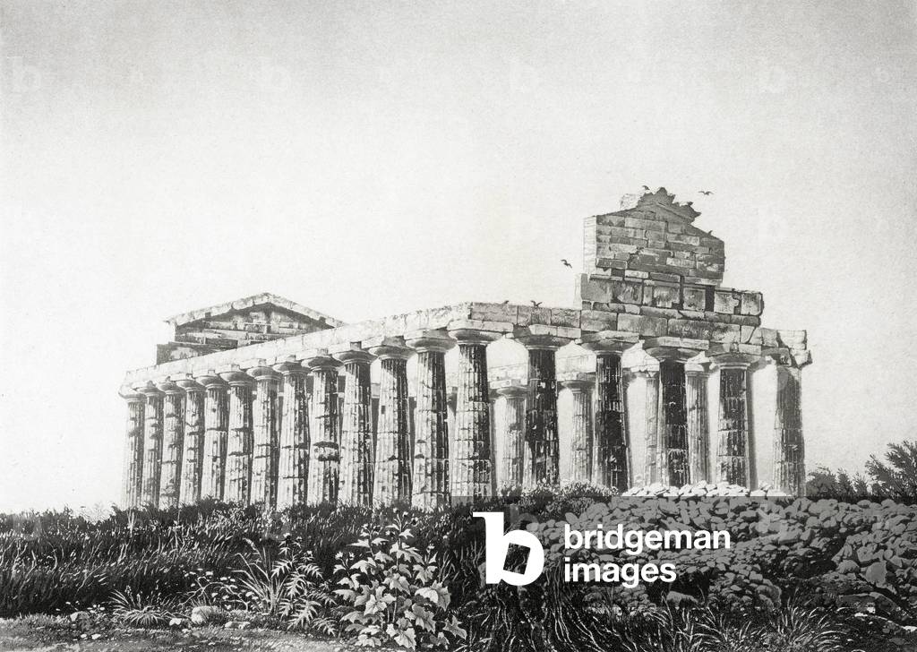 View of Italy: Temple of Ceres de Pestum. Engraving by SALATHE, 19th century after the Daguerrian photographic excursions. In “” Most Remarkable Views and Monuments of the Universe””. Private collection