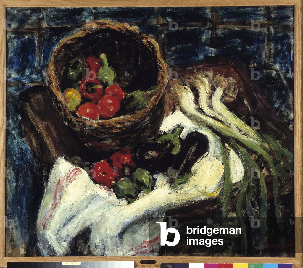 Still Life in Vegetable Basket Peppers, Eggplant and Leeks (oil on canvas)