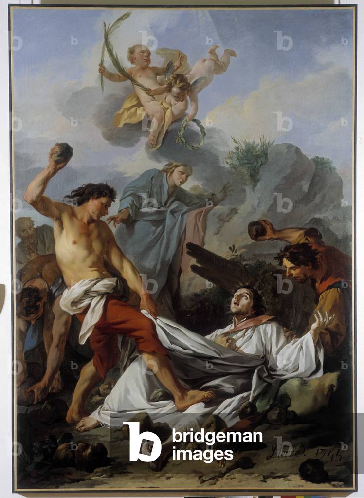 Il martirio di Santo Stefano: è lapidato davanti agli occhi di Saul. Pittura di Jean-Baptiste-Marie Pierre (17