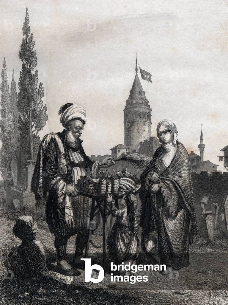 Sweets dealer. Engraving by GOLDBERG