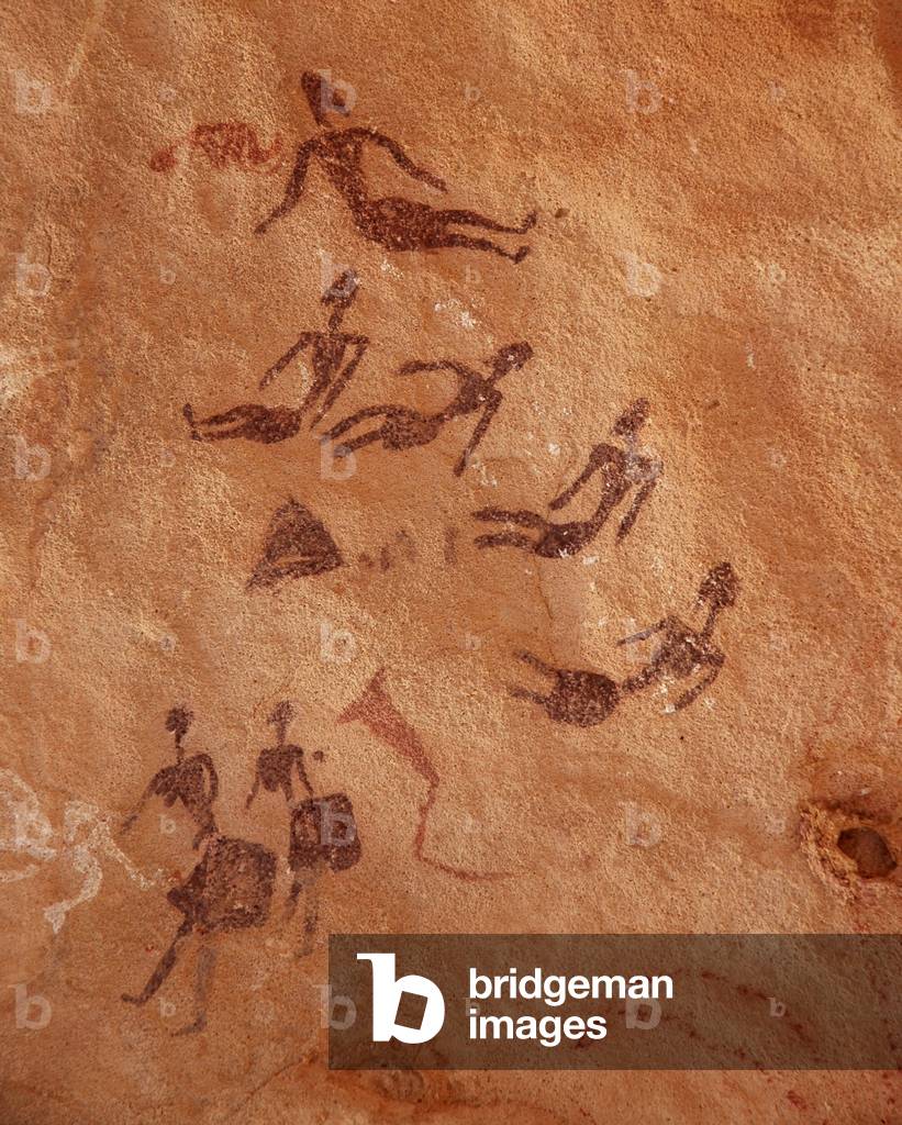 Arte rupestre, Preistoria: pittura rupestre di un gruppo di personaggi in un rifugio ornato, nel massiccio di 