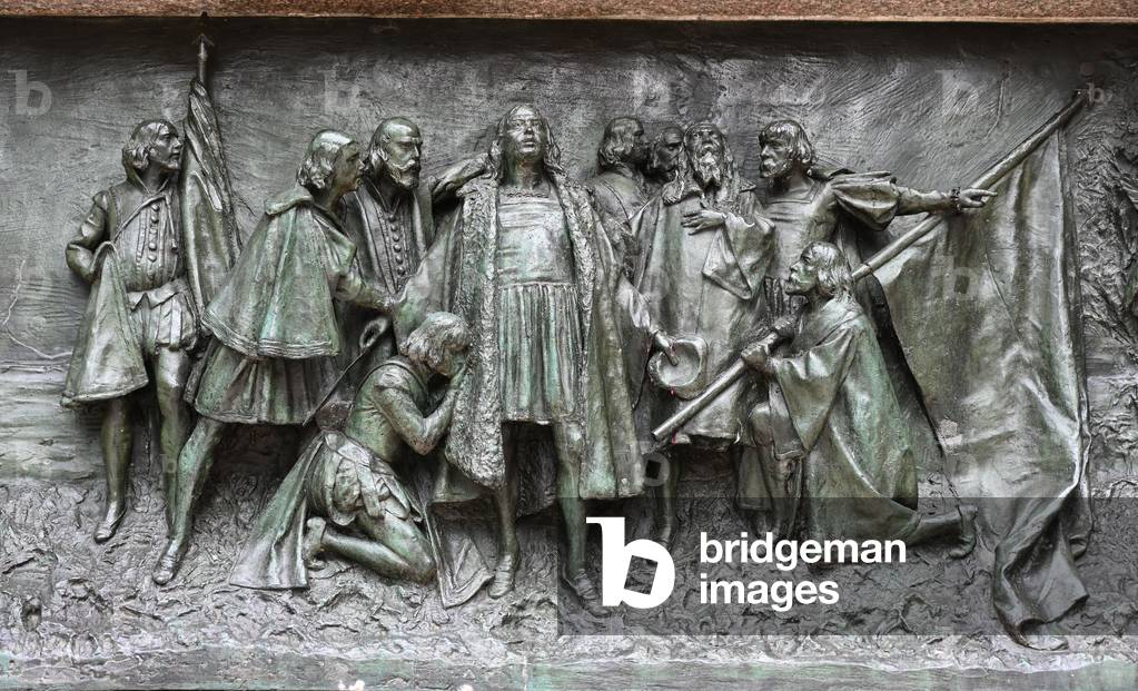 Columbus Circle Low relief depicting Christopher Columbus, sculptor C. Russo 1892, New York City, USA (photo)