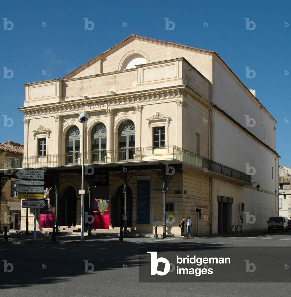 Architecture: facade of the municipal theatre realized in 1841 by Gaston Bourdon (1801-1854), Arles (Bouches du rhone)