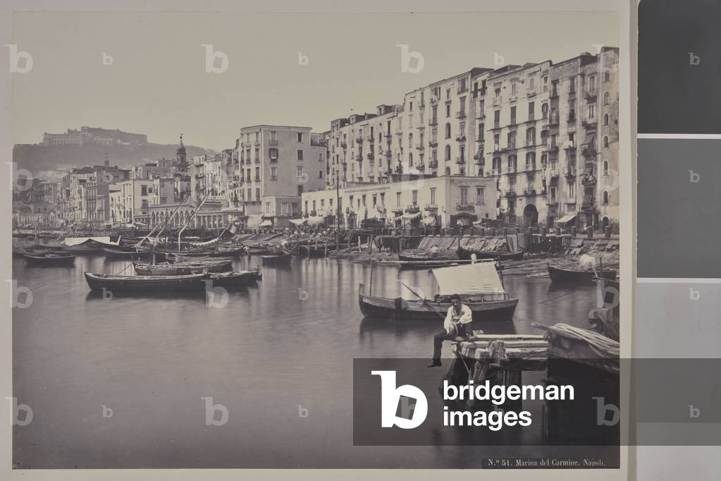 The port and the neighborhood around the church of Santa Maria del Carmine, Naples (Italy) - Photography, 1880-1900, original print (20x25 cm) by contact, excerpt from an ancient work on Naples, 19th century