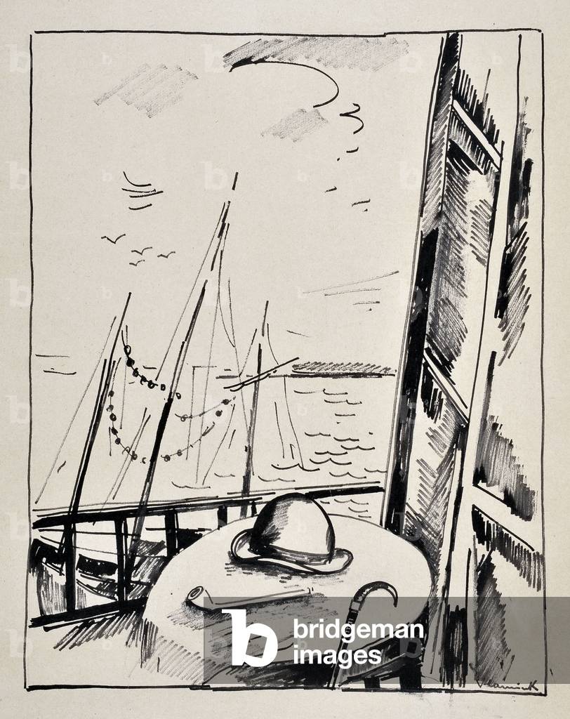 Open window on the port - Artwork by Maurice de Vlaminck (1876-1958), Chinese ink on paper (38x29,5 cm) - Musee de l'hospice Saint Roch, Issoudun - Mandatory mention