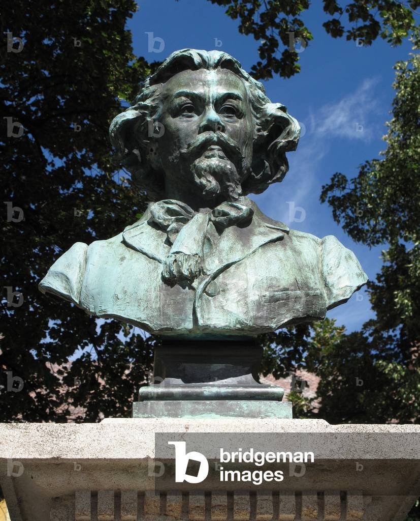 Bust of Clovis Hugues (1851-1907), French poet and politician - Sculpture by Jeanne Royannez Hugues (1855-1932), Archeveche Garden in Embrun (Hautes Alpes)