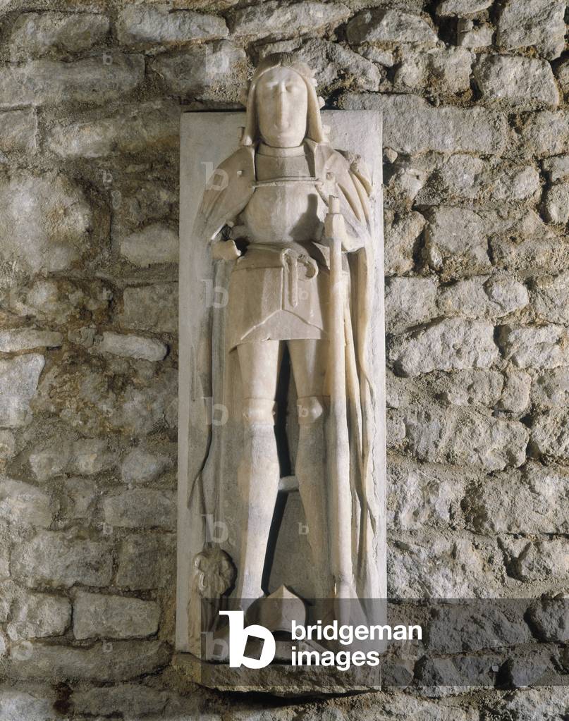 Saint Victor dresses as Godon, an English soldier. High relief in albatre, 15th century Musee municipal d'Avranches.