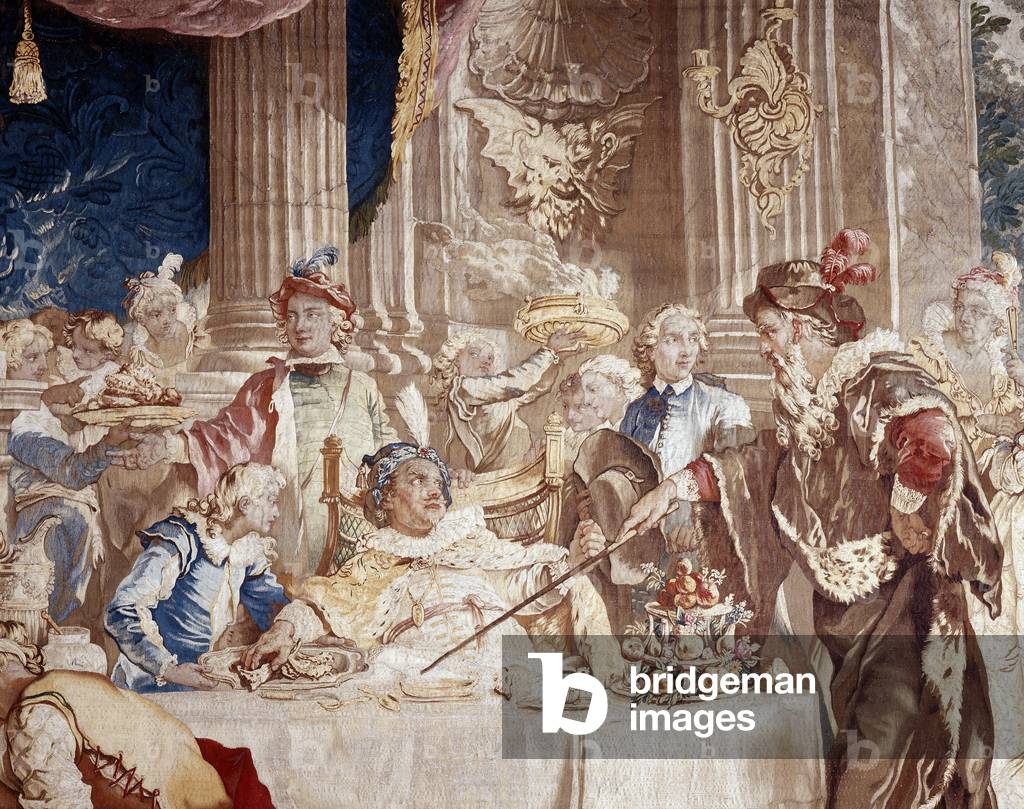 The meal of Sancho in the island of Barataria, detail of the meal scene. According to the novel “El Ingenioso Hidalgo Don Quijote de la Mancha” (Don Quixote) written by Miguel de Cervantes. Tapestry by Charles Joseph Natoire (Charles-Joseph Natoire, 1700-1777) made by the Atelier de Beauvais in Basse-lice. Wool and silk. Dim: 360x605cm. Musee des tapestries, Aix en Provence.