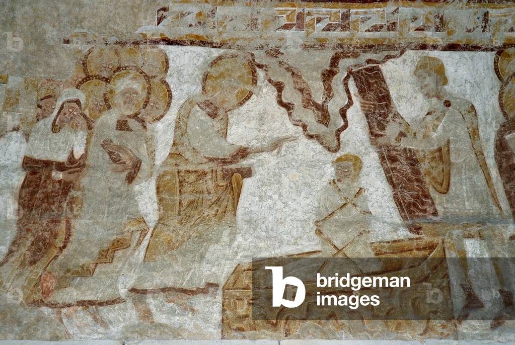 Romanesque art: View of the frescoes of the church of Saint Eloi in Chalivoy-Milon (Chalivoy Milon), Cher, Centre, France. The resurrection of Lazarus. Photography