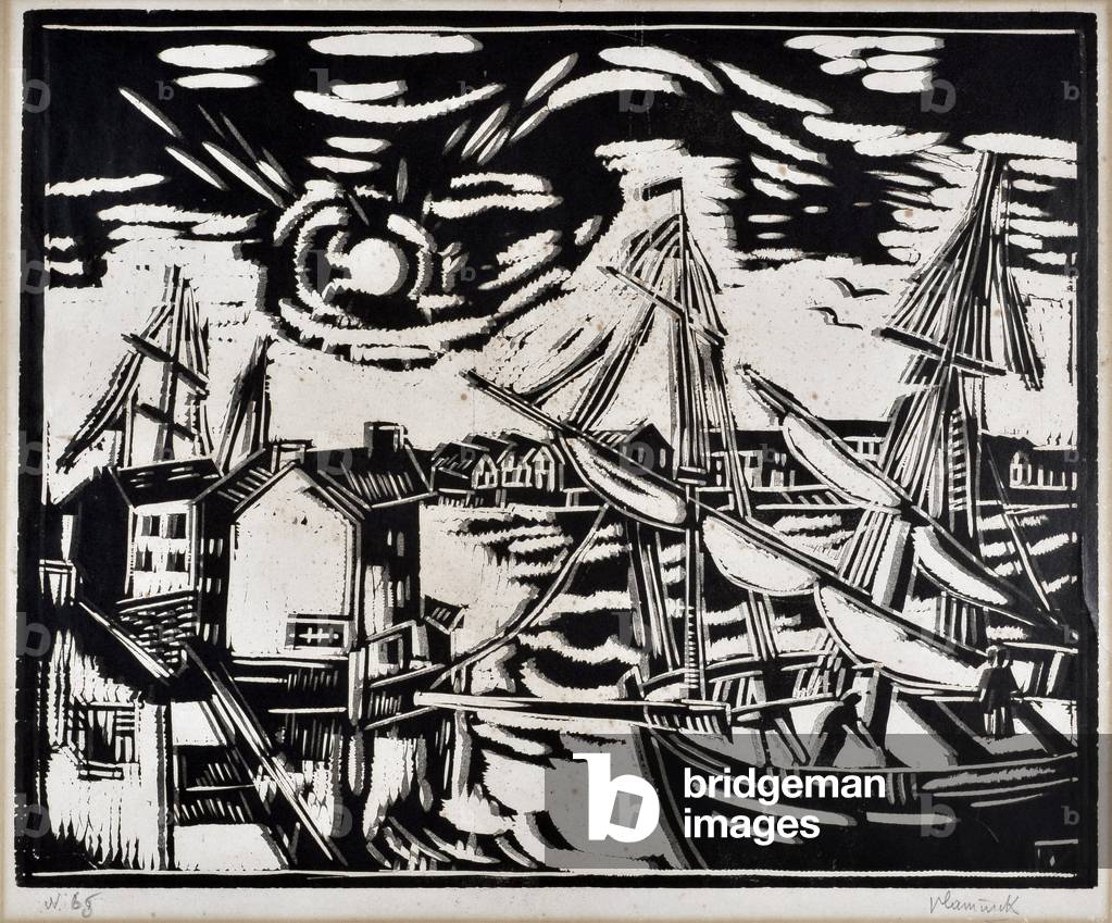 Le port de Martigues - Artwork by Maurice de Vlaminck (1876-1958), xylogravure (34x41,5 cm) - Musee de l'hospice Saint Roch, Issoudun - Mandatory mention