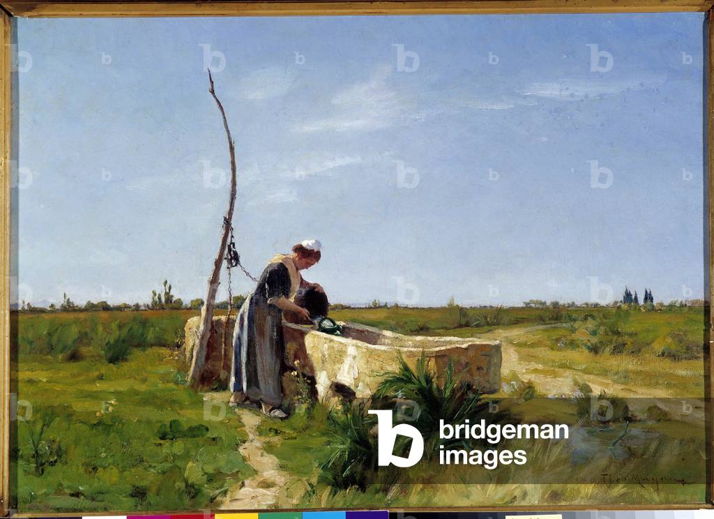 Immagine di Dipinto "Il contadino e il pozzo dipinto di Theophile Mayan (1860-1937) Dim. 46x56 cm. Menzione ob