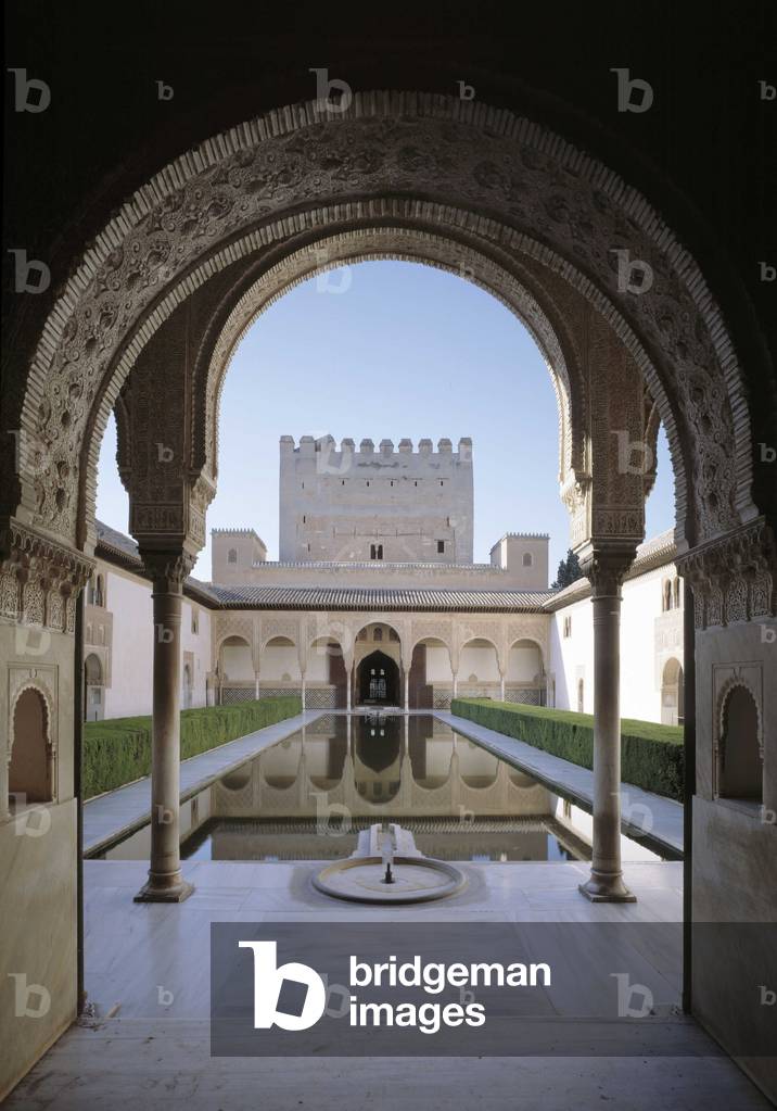Islamic architecture, Moorish art. View of the Myrtes basin in the courtyard of the Myrtes (patio of los Arrayanes), Palace Comares, one of the Nasrid palaces of the Alhambra. 1333-1354 Granada Spain