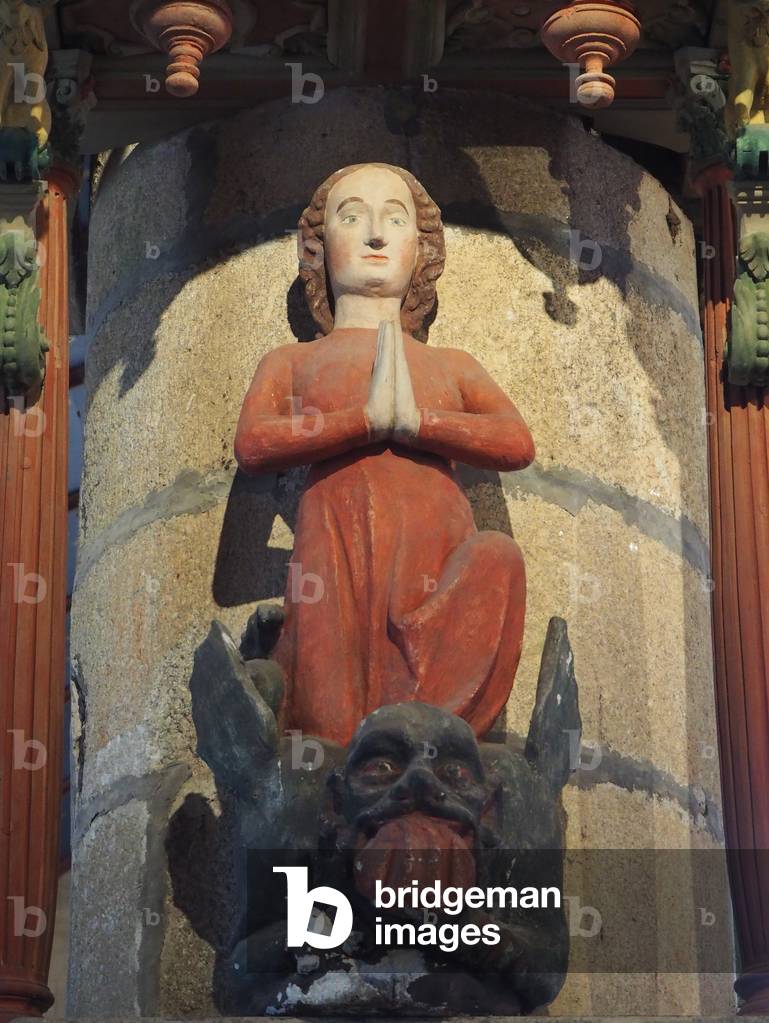 Parroissial enclosure, Church, polychrome jub, Saint Martha dtail terracing the Tarasque, La Roche Maurice, Finister, France (photo)