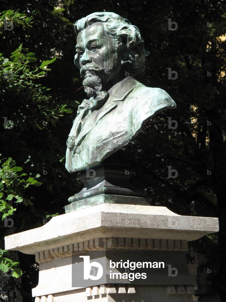 Bust of Clovis Hugues (1851-1907), French poet and politician - Sculpture by Jeanne Royannez Hugues (1855-1932), Archeveche Garden in Embrun (Hautes Alpes)