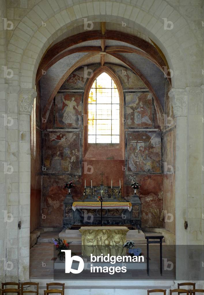 View of the choir and frescoes of the Church of Saint Saturnin, Saint Sornin (Saint-Sornin) Charente Maritime