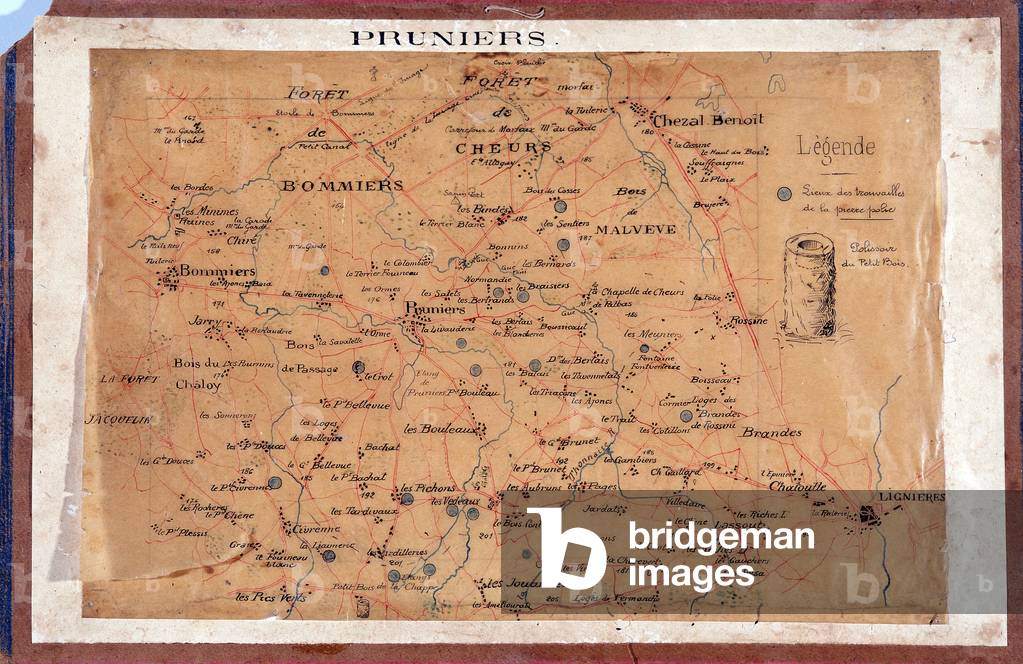 Map of the “places of discovery” of the polished stones of the region of Pruniers-Bommiers (Pruniers Bommiers). Map drawn up by Abbe Rabier de Pruniers, first half of the 20th century. Dim of cardboard: 35x54cm.Dim of layer 29,9x44,5cm. Drawing on paper. Musee de l'hospice Saint-Roch, Issoudun (Donation Rene Salle). Mandatory mention: