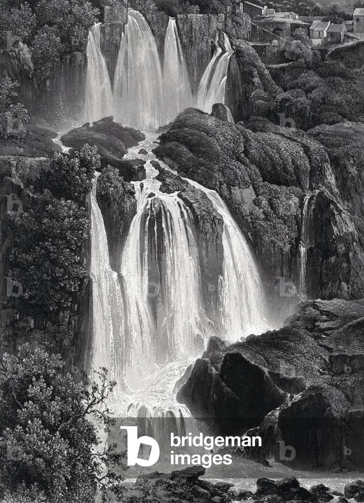 View of Italy: The Cascades of Tivoli. Engraving by SALATHE, 19th century after the Daguerrian photographic excursions. In “” Most Remarkable Views and Monuments of the Universe””. Private collection