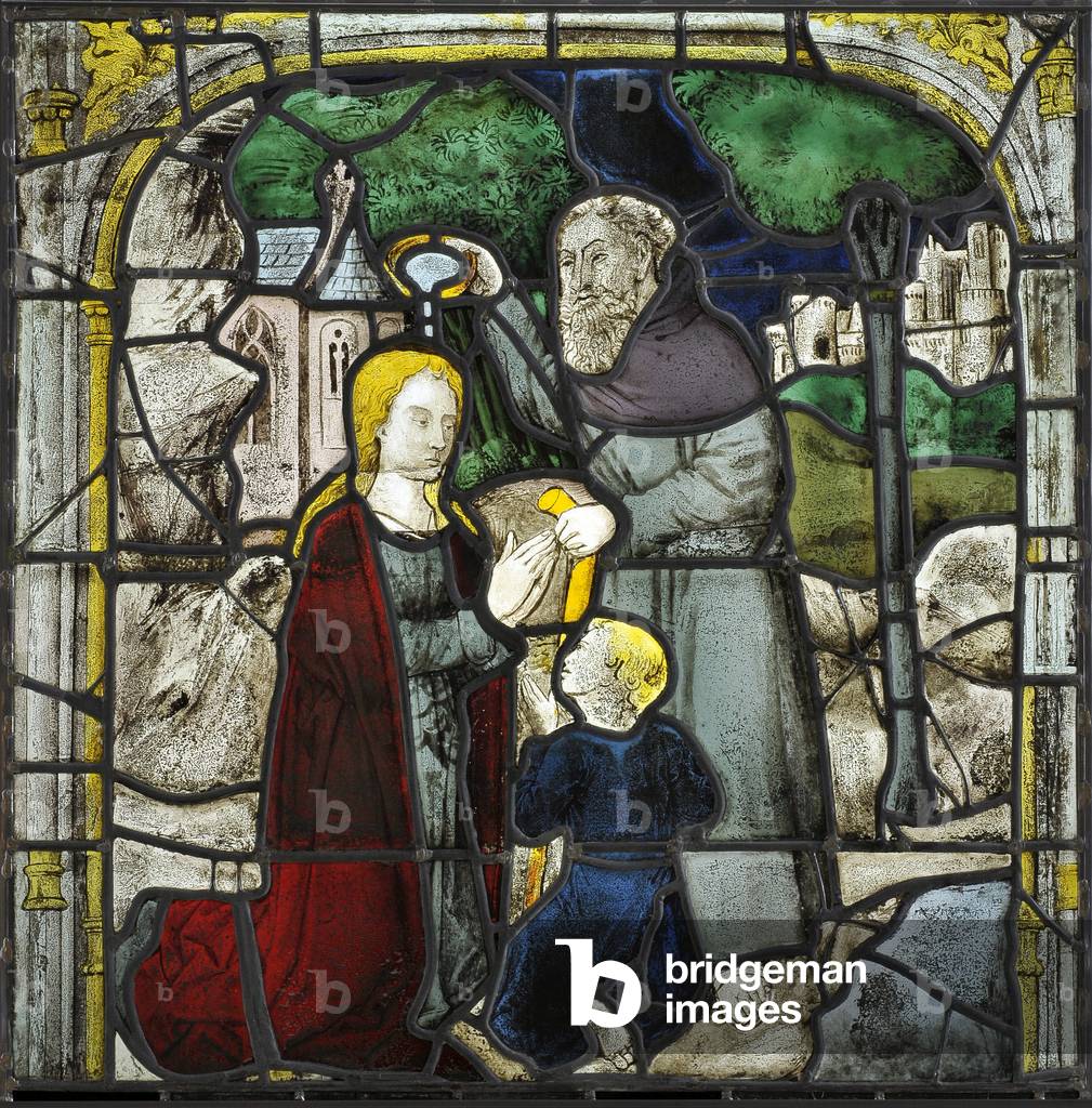 Stained glass of the Church of Saint Cyr, eastern bay. The legend of Saint Cyr and Saint Julitte. 2nd lance starting from the left “” Bapteme of Saint Julitte by a hermit”””. End of the 15th century. Dim: 87x84,5cm. Church of Issoudun.