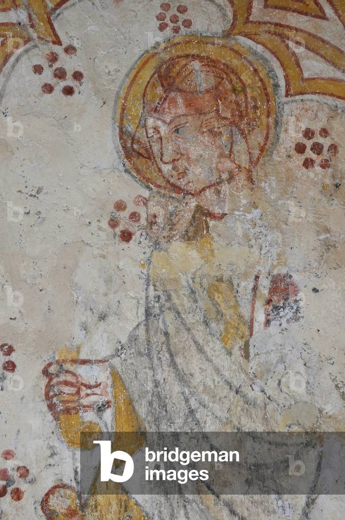 Avy, Church Notre Dame. 14th century mural (Virgin and Child surrounded, worship by pelerins accompanied by their Holy Patrons)