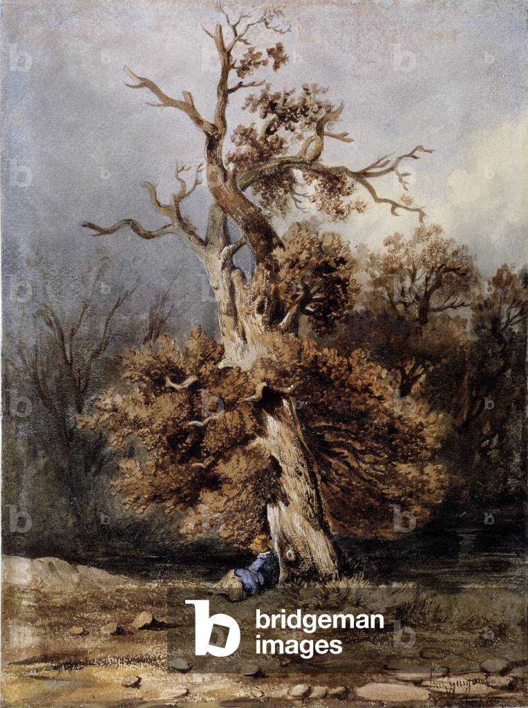 Paysanne near an oak said the nap Gouache by Paul Guigou (1834-1871) 19th century