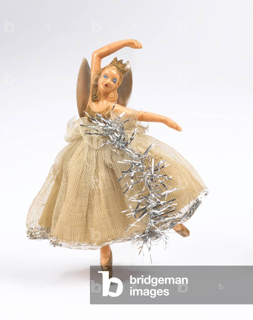 Christmas decoration, 1930-60 (moulded plastic with painted decoration, crepe paper and net dress decorated with tinsel)