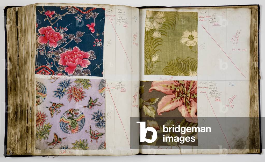 Pages from a sample book, 1890-95 (pen & ink and textile on paper)
