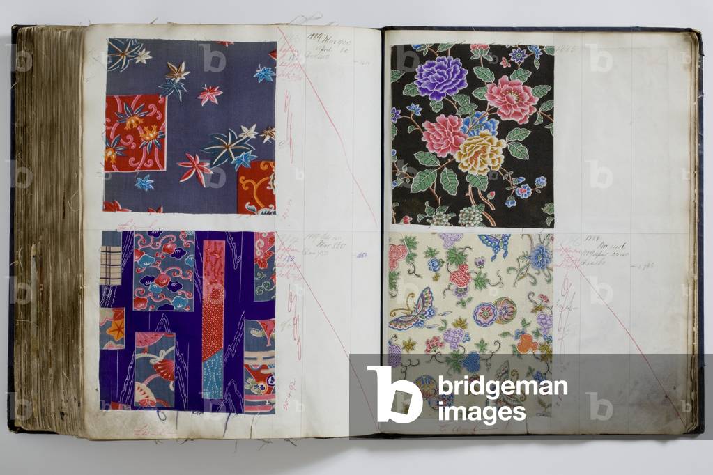 Pages from a book of textile samples, annotated by hand with the date range 1887-94 (pen & ink and textile on paper)