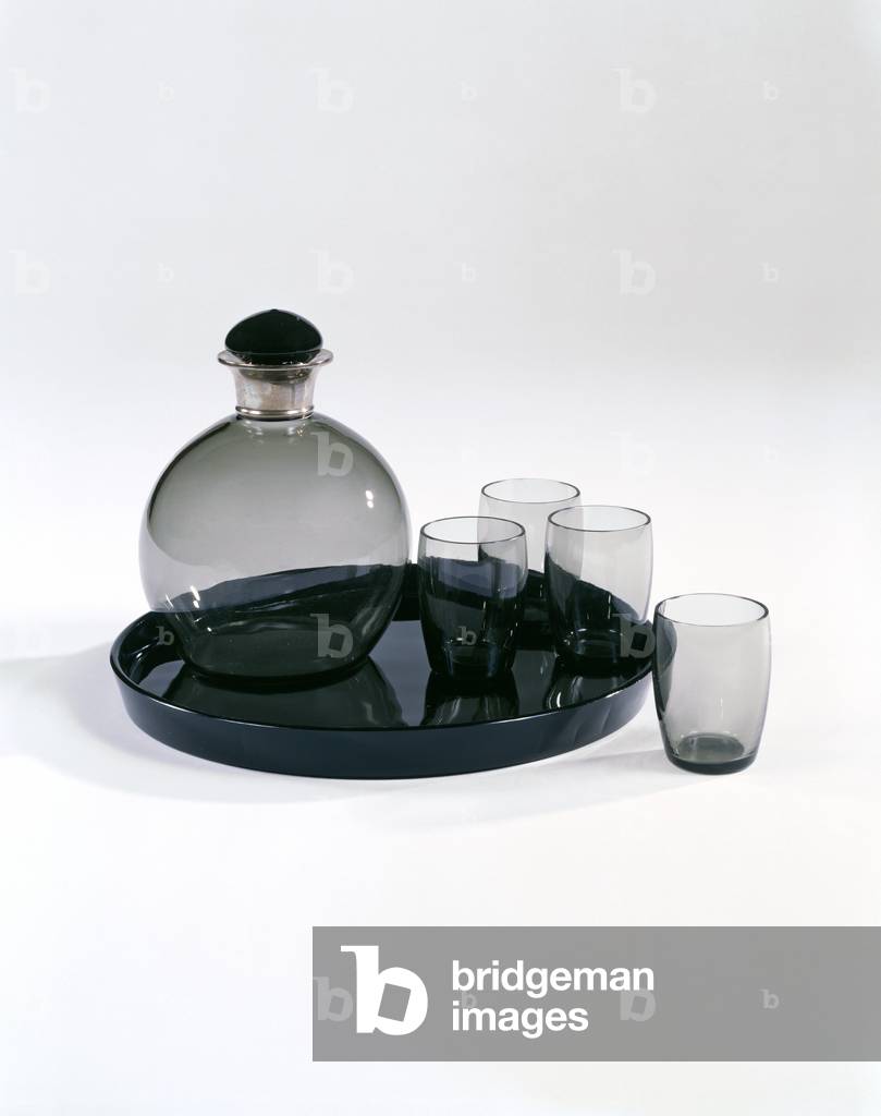 Decanter, tray and four tumblers, Henry Hobson & Son, 1934 (glass)